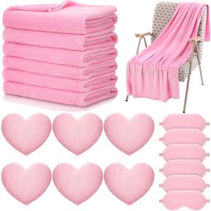 Fanfanwin 18 Pcs Kids Sleepover Party Supplies Set for Girls Fleece Soft Blankets Fluffy Heart Throw Pillow Plush Sleep Eye Mask for Spa Camping Birthday Favors(Light Pink)