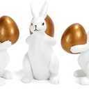 Easter Decorations Bunny Figurines, Set of 3 Elegant White Resin Rabbit Statues with Golden Eggs, Indoor Easter Spring Decorations for Home Tiered Tray Mantel Shelf Decor Tabletop Centerpiece
