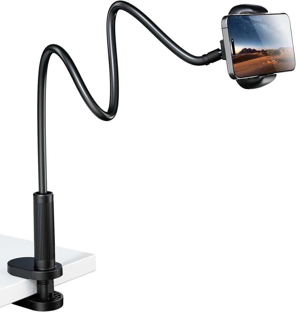 Gooseneck Phone Holder for Bed  360 Flexible Adjustable Clamp, Long Arm Gooseneck Bracket for Desk Headboard Bedside, Compatible with iPhone 16 15 Pro Max XR X 8 7 & 3.5-7" Devices (Black)