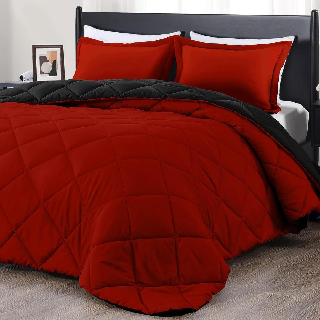 Downluxe King Size Comforter Set - Red and Black King Comforter, Soft Bedding Sets for All Seasons - 3 Pieces - 1 Comforter (104"x92") and 2 Pillow Shams(20"x36")