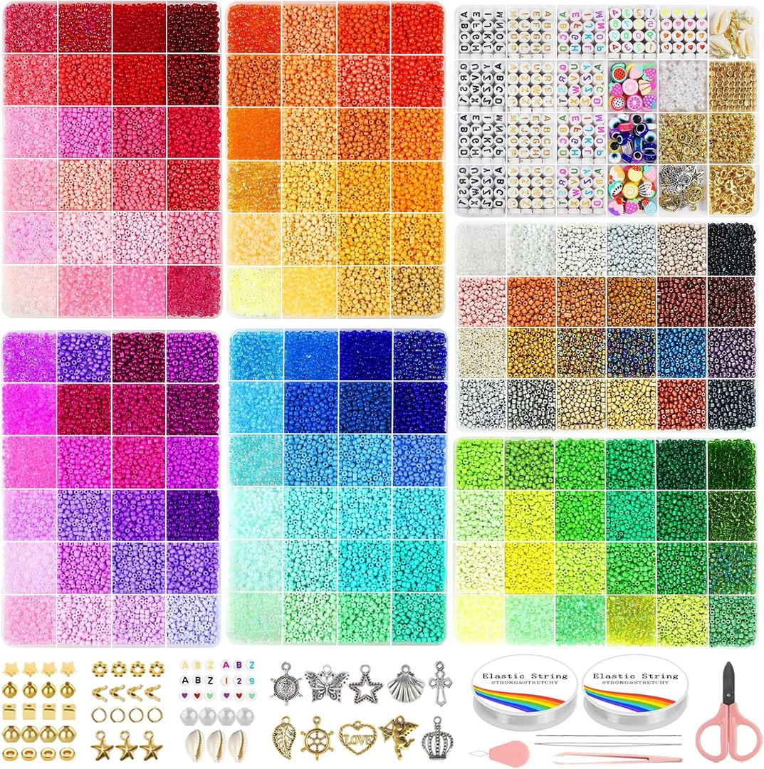 Redtwo 3mm 45000pcs Glass Seed Beads Kit, 7 Boxes 144 Colors Small Beads for Bracelets, Friendship Bracelet Kit with Charms and Letters (colored)