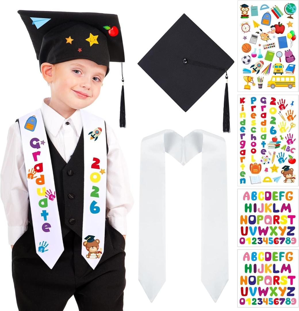 6 Pcs 2026 Preschool Kindergarten Graduation Cap Stole Iron on Letter Set Unisex Cap and Graduation Sash Sublimation Blank Stole Graduation Gifts for Kids Iron on Letters for DIY Craft