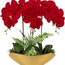 Briful Orchid Artificial Flowers 18in Red Fake Orchid Silk Flowers with Gold Ceramic Vase Faux Phalaenopsis Arrangement for Home Office Room Dining Table Centerpiece Modern Decor