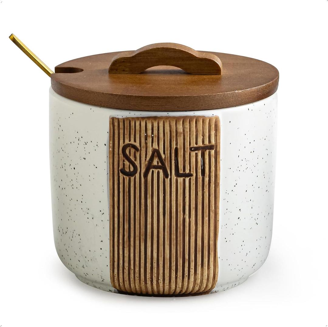 Salt Container for Countertop, Ceramic Salt Cellar with Lid and Spoons, 10 OZ Salt Bowl Holder, White (Set of 1)