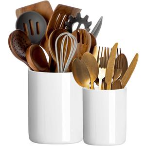 Utensil Holder, 6.3"+4.7" Ceramic Kitchen Utensil Holder for Countertop, Large Cooking Utensil Crocks for Kitchen Counter Decor, Morden Utensil Organizer for Spatula, Set of 2, White