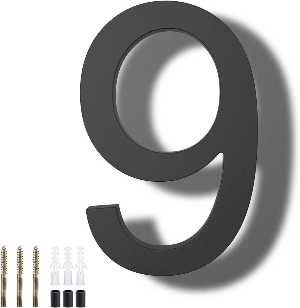 DEWEL 8 inch Floating Large House Numbers for Outside, Black Modern House Address Numbers Decor for 911 Visibility Signage with Nail Kits (House Number 9)