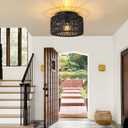 SineRise Rattan Ceiling Light Fixtures (12-Inch, LED Bulb Included), Hand-Woven Boho Flush Mount Ceiling Light, Rattan Chandelier for Hallway Kitchen Farmhouse Foyer Entryway Living Room(Black)