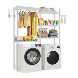 VEVOR Over the Washer and Dryer Storage Shelf, 5 Tier Laundry Room Drying Rack with Hanger Rod and Hooks, Adjustable Over Washer and Dryer Shelves, Laundry Room Shelf Storage Space Saver, White