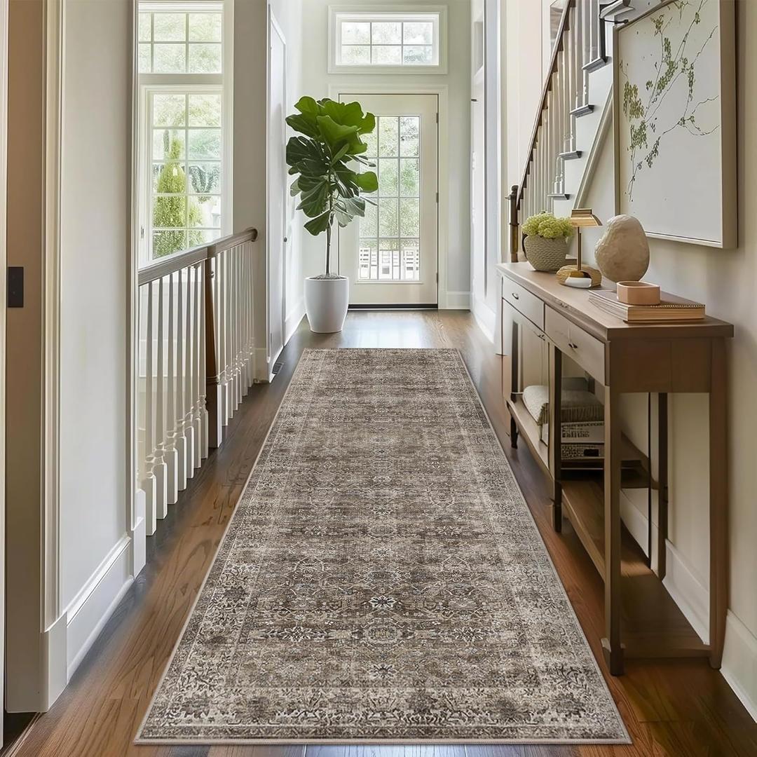 2.6x8 Brown Grey Vintage Washable Runner Rugs for Hallway Kitchen Boho Hallway Carpet Low Pile Non-Slip Retro Distressed Accent Throw Rug for Entryway Bathroom Bedroom