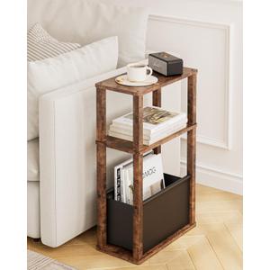 Narrow Wood Side Table, 3-Tier Night Stand with Storage Bag, Skinny Nightstand for Small Spaces, Bedside Table for Living Room, Bedroom, Rustic Brown