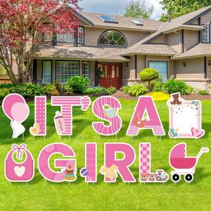 Elcoho 12Pcs Its A Girl Yard Sign with Stakes Stork Baby Shower Yard Sign Pink Gender Reveal Lawn Sign Welcome Home Yard Sign for Outdoor Baby Shower Party Decoration