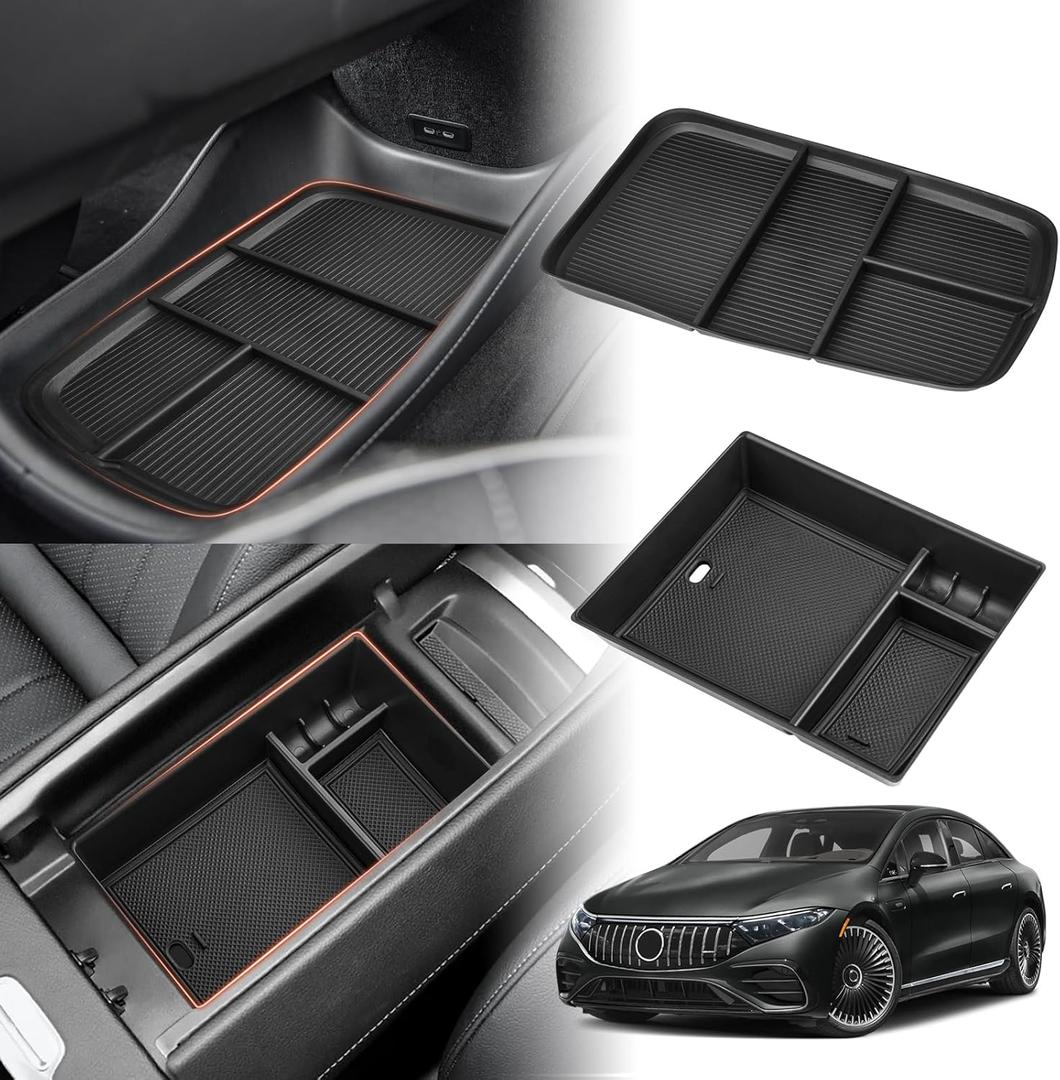 Sunsdrew 2025 Upgraded 2PCS Mercedes-Benz EQS Center Console Organizer&Lower Center Console Tray for 2023 2024 2025 Mercedes Benz EQS Interior Accessories Anti-Slip