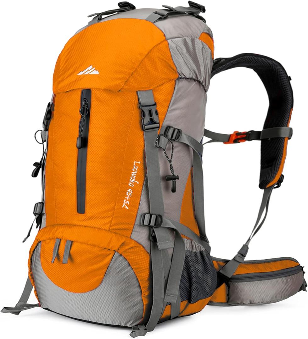 Loowoko 50L Hiking Backpack, Waterproof Camping Essentials Bag with Rain Cover, 45+5 Liter Lightweight Backpacking Back Pack (Orange)