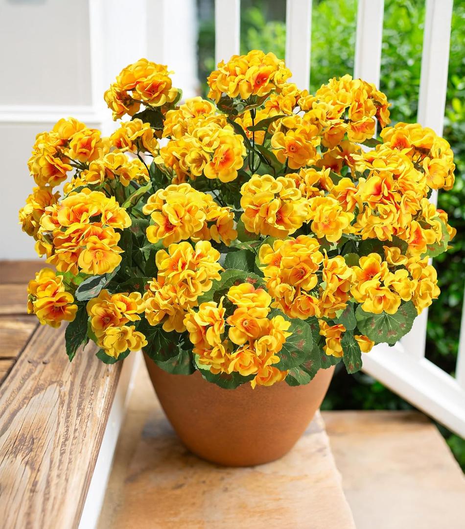 Fake Geraniums Artificial Flowers for Outdoors Winter Decoration, 6 Bundles Silk Geraniums UV Resistant Look Real Yellow Faux Flowers Plants for Front Door Garden Planter Patio Balcony Yard Home