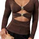 SOLY HUX Women's V Neck Cut Out T Shirt Long Sleeve Ruched Tee Slim Fitted Going Out Tops (Brown, Large)