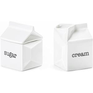 Ceramic Sugar and Creamer Set, Milk Carton Shaped White Cream Jug and Sugar Bowl with lid