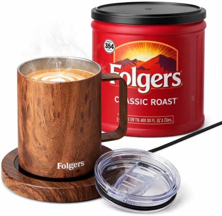 Folgers 12 Ounce Coffee Mug Warmer & Mug Set for Desk, Cup Heater  Electric Beverage Warmer Plate for Coffee & Tea