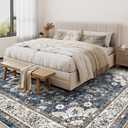 Washable Living Room Area Rug - 9 x 12 Stain Resistant Medallion Soft Bedroom Rugs Distressed Design Non Shedding Carpet for Indoor Outdoor Floor Coverings (9x12 Blue)