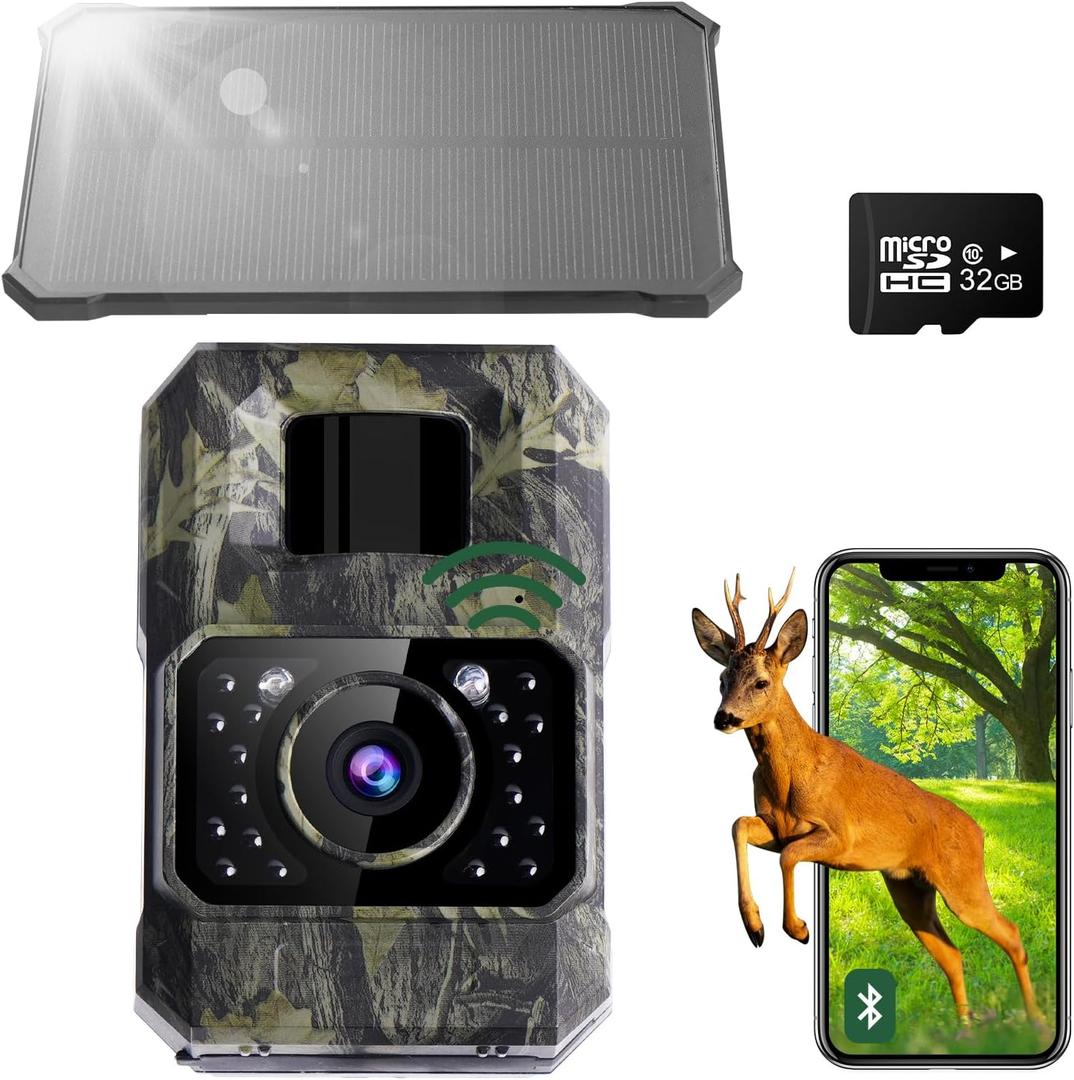 Solar Trail Camera 48MP 30FPS, WiFi Bluetooth Game Camera with Motion Activated 0.2s Trigger, Night Vision Motion Activated IP66 Waterproof for Wildlife Scouting with 32GB Micro SD Card (Grey)