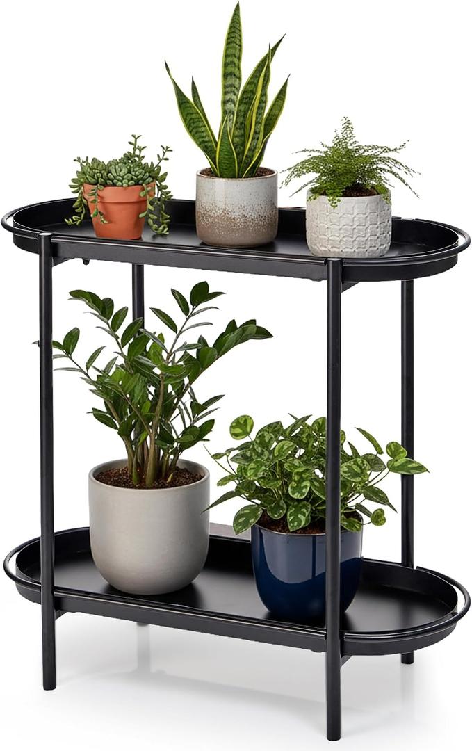 Large Metal 2-Tier Multi-Purpose Stand Sleek Black Indoor/Outdoor Oval Shelving Unit; Modern Storage Rack for Home Decor, Books, Bathroom Essentials, or Plants