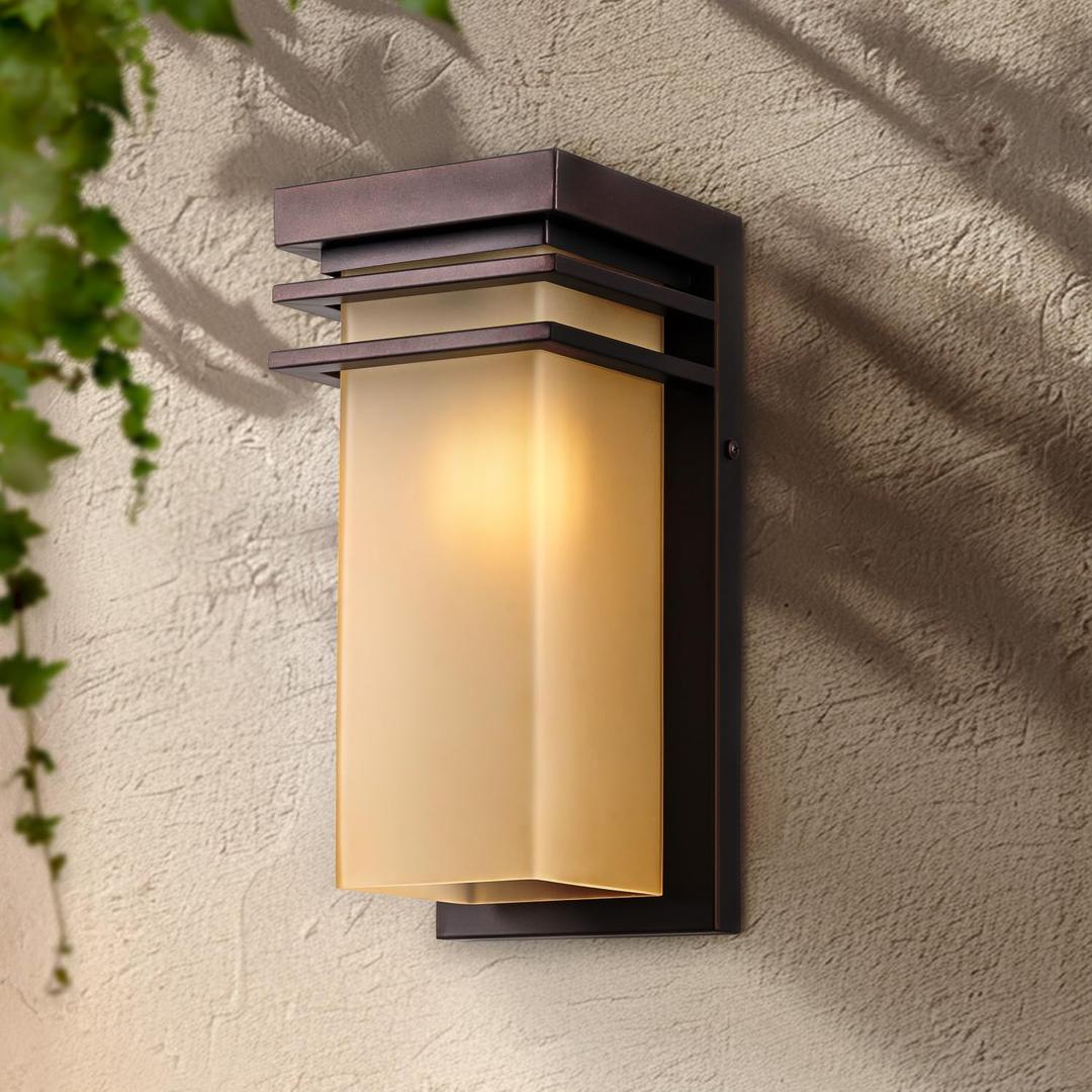 Outdoor Wall Sconce Exterior with Antique Amber Glass, Modern Porch Lights Fixture Wall Mount, 12 inch Bronze Patio Lighting for House, Garage, E26 Base