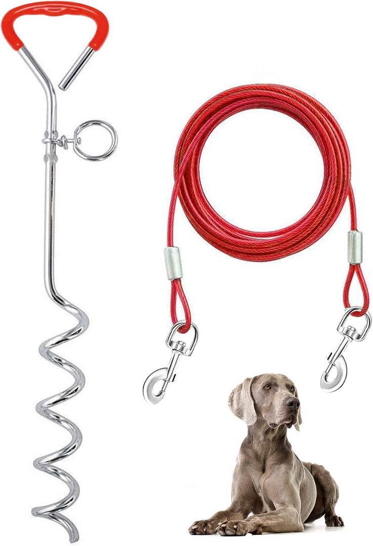 Supet Dog Tie Out Cable and Stake 32/16/10 ft Outdoor, Yard and Camping, for Medium to Large Dogs Up to 125 lbs, 16" Stake, 32/16/10 ft Cable with Durable Spring and Metal Hooks for Outdoor (Red)