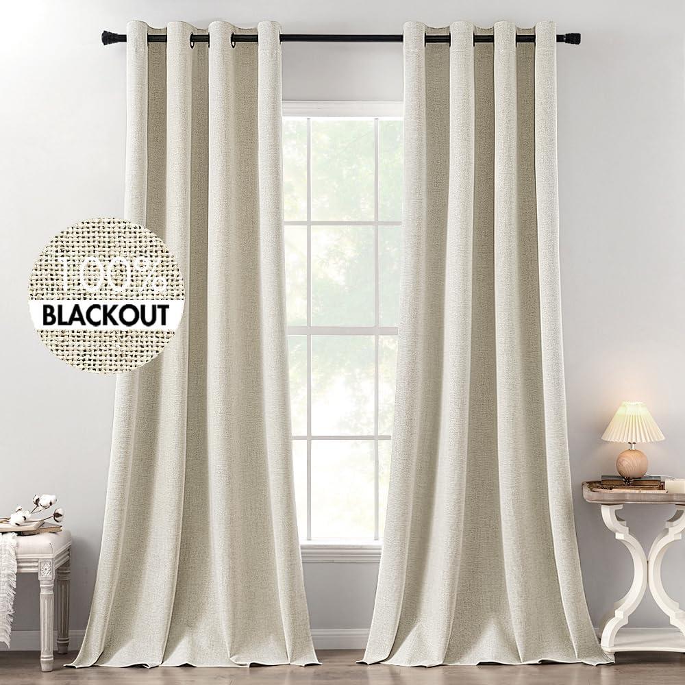 MIULEE 100% Blackout Linen Textured Curtains for Bedroom Solid Thermal Insulated Cream Grommet Room Darkening Curtains & Drapes Luxury Decor for Living Room Nursery 52 x 120 Inch (2 Panels)