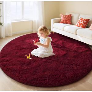 EVOIONOS Burgundy Round Rug for Bedroom, 5x5 Ft Fluffy Soft Circle Area Rugs for Living Room, Plush Shaggy Circular Carpet for Indoor Floor Bedside Kids Nursery, Machine-Washable Home Decor Aesthetic