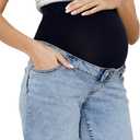 OVRUNS Women Maternity Jean Shorts Over The Belly Stretchy Comfy Rolled Cuff Pregnancy Denim Shorts with Pockets (Blue, L)