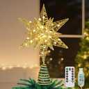 Lewondr Christmas Star Tree Topper, USB Powered Remote Controlled 11 Inch Multilayer Hexagonal Tree Toppers Christmas Decor with 8 Light Modes for Home Holiday Xmas, Timer Function, Gold