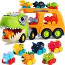 JOYIN Dinosaur Truck Toys for Kids, Kids Toys Boys Age 3 4 5, Dinosaur Car Carrier Truck Toy with 6 Rubber Car Vehicles, Toddler Birthday Gifts with Music & Lights for 3 4 5 Year Old Boys