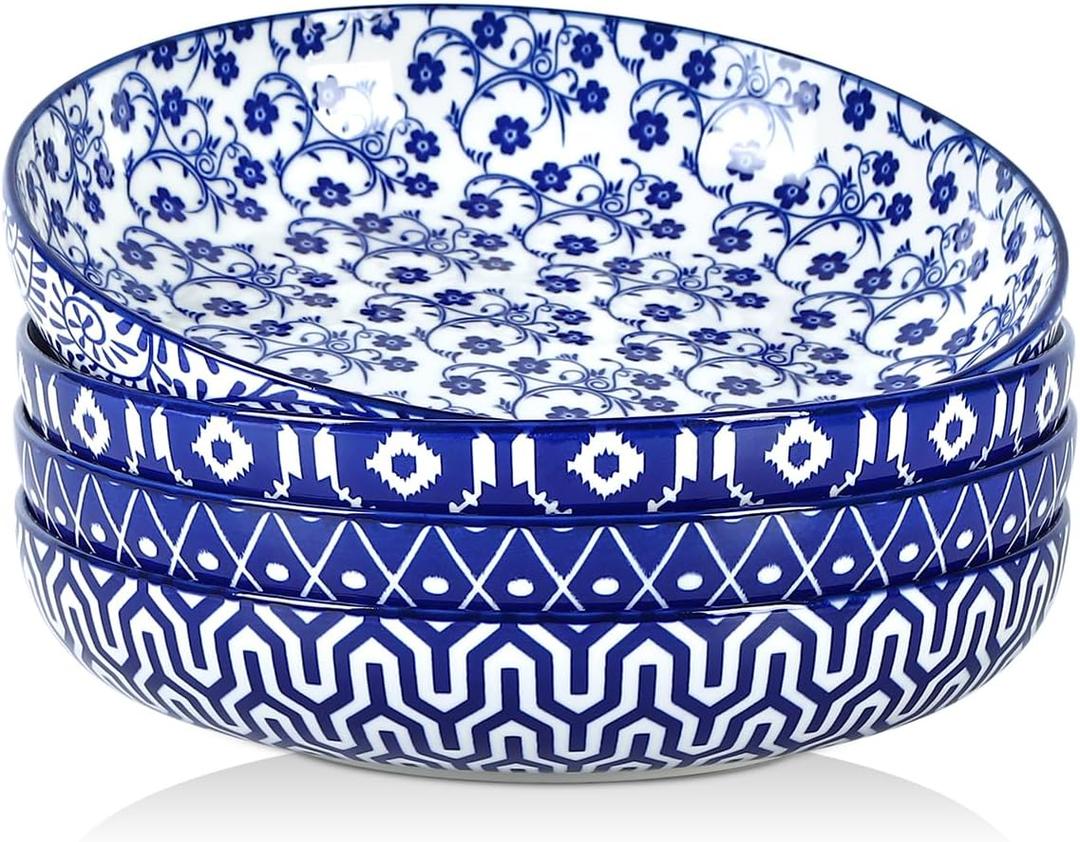 Selamica 9.6" Pasta Bowls Set of 4, 51 OZ Large Salad Bowls, Ceramic Wide and Shallow Serving Bowls for Soup, Dinner, Microwave & Dishwasher Safe, Vintage Blue