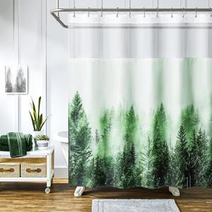 ORTIGIA Misty Forest Shower Curtain with Liner for Bathroom, Green Double Layer Nature Shower Curtain Set with See Through Top Window, Luxury Fabric Tree Bath Curtain, 72x74 with Metal Hooks