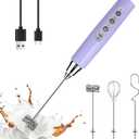 YUSWKO Light Purple Handheld Milk Frother Wand for Coffee, Rechargeable Electric Whisk with 3 Heads 3 Speeds Drink Mixer Coffee Frother For Latte, Cappuccino, Hot Chocolate, Egg