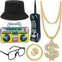 GIFIKOI 80s 90s Hip Hop Costume Outfit Kit Mobile Phone Inflatable Radio Box Necklace Bracelet Ring Glasses Hat Rapper Costumes Accessories Set (Black)