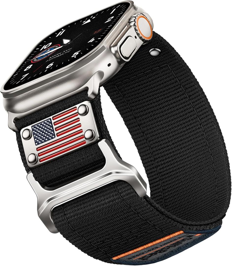 Sport Bands Compatible with Apple Watch Ultra 3 Band 49mm 46mm 45mm 44mm 42mm Men Women, Rugged Nylon Loop Strap with Durable Metal Stars-Stripes Flag for iWatch Ultra/Series 11 10 9 8 7 6 5 4 SE 3 2 (Black)