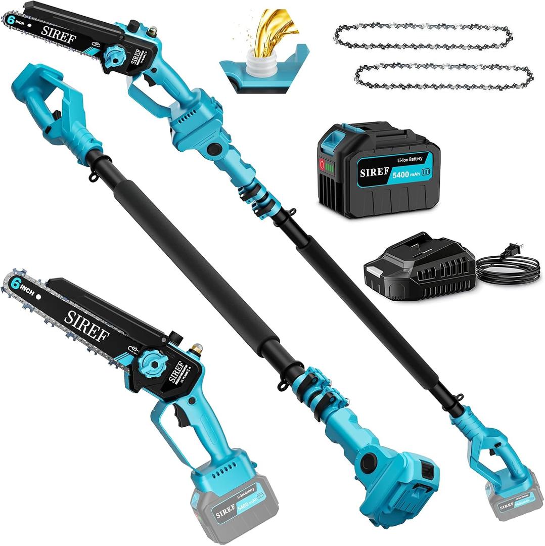 Electric Pole Saw 6inch Mini Chainsaw Cordless Brushless 5.4Ah Battery Fast Charger Telescopic Power Pole Saw Tree Trimmer Limb Branch Cutter Pruner 16 Ft Max Reach Multi-Angle Blue