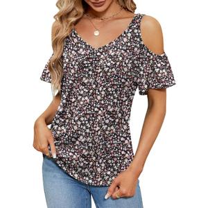Micoson Cold Shoulder Tops for Women Summer Short Sleeve Shirts Ladies Floral Ruched Blouse Classic Cute V Neck Tunic (Large, 1 - White Floral)