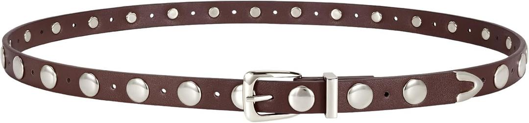 JASGOOD Women Studded Belt Skinny Leather Belt Ladies Thin Waist Belt Fashion Leather Belt for Jeans Pants Dress (Suit for waist size 24"-27", Silver Coffee)
