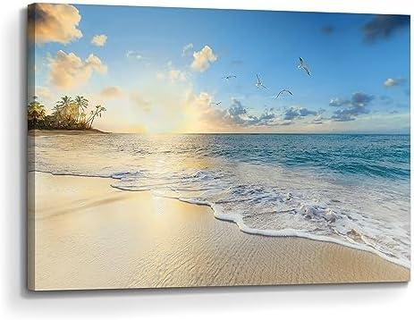 arttitue Coastal Beach Wall Art Canvas: Sunrise Seaside Ocean Wave Picture Sea Scene Print Tropical Seascape Painting Decor Relaxing Artwork for Living Room Bedroom Size: 36L" x 24W"