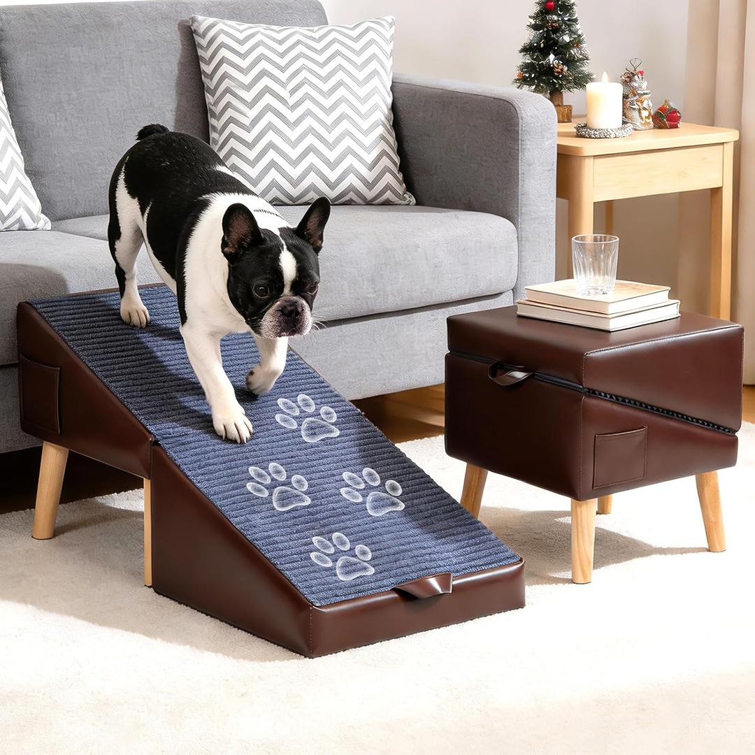 Dog Ramp for Bed and Couch, 13.5" H Foldable Dog Ramp Ottoman for Small Dogs and Cats with 16" Wide Walking Space, Non-Slip Wooden Pet Stairs for Puppies, Small/Large Dogs & Senior Cats