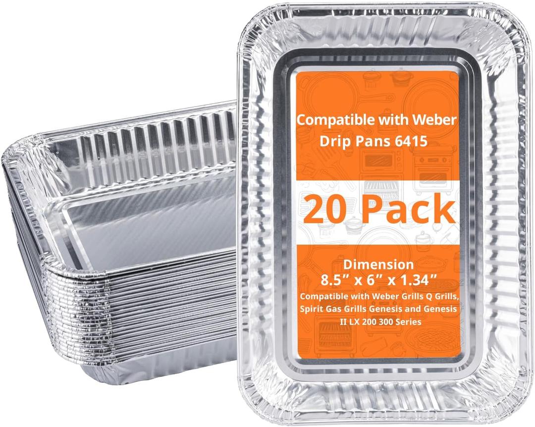 20 Pack Grill Drip Pans, Compatible with Weber 6415 Grill Accessories, Genesis, Traveler, Q Series, Disposable Aluminum, Foil Grease Trays 8.5" X 6" (20 Pack)