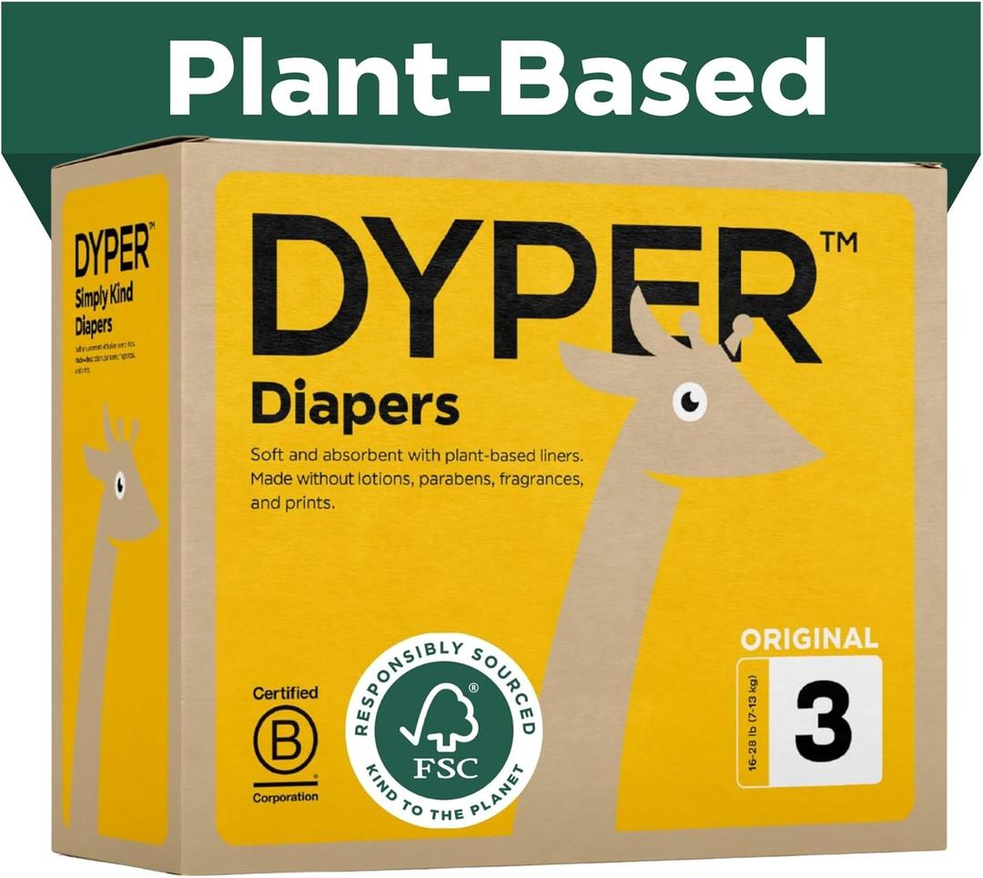 DYPER - Baby Diapers Hypoallergenic Cloth Alternative Day & Overnight Protection - Made with Plant-Based* & Honest Ingredients - Size 3 (168 Count)