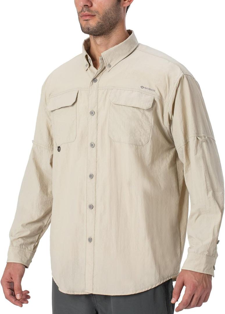 NAVISKIN Men's Sun Protection Fishing Shirts UPF 50+ Long Sleeve Sun Shirts for Men PFG Hiking Travel Camping (Large, Khaki)