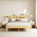 COMASACH Bamboo Wood Queen Bed Frame with Storage Headboard,14 Inch High Solid Queen Size Bed Frame, Metal Slats Support, Heavy Duty, No Box Spring Needed