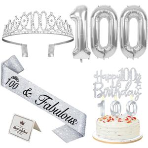 100th Birthday Decorations for Women Silver with 100th Birthday Sash and Tiara, Cake Topper and Candles, Silver Number Balloons, 100 Year Old Gifts for Women