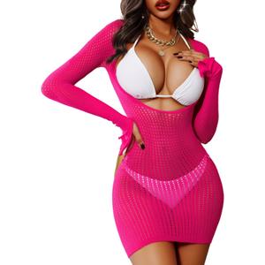 Fishnet Swimming Cover Up for Women - Summer Beach Mini Dress Swimsuit Cover-Up for 2025 (One Size, Pink)