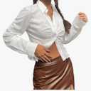 Women's Spring Solid Ruched Curved Hem White Shirt Top Long Sleeve Button Front T Shirt Blouse for Women