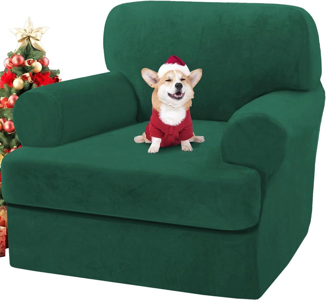 H.VERSAILTEX Sofa Cover 2 Piece T Cushion Armchair Slipcovers Thick Velvet Couch Cover Stretch T Cushion Sofa Covers for 1 Cushion Couch with 1 Individual T Cushion Covers, Vintage Green