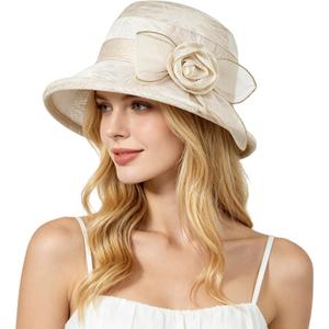 Women Flower Bowler Sun Hat Wide Brim Cloche Bucket Hat Foldable Breathable Wedding Church Tea Party Fascinator (Beige)